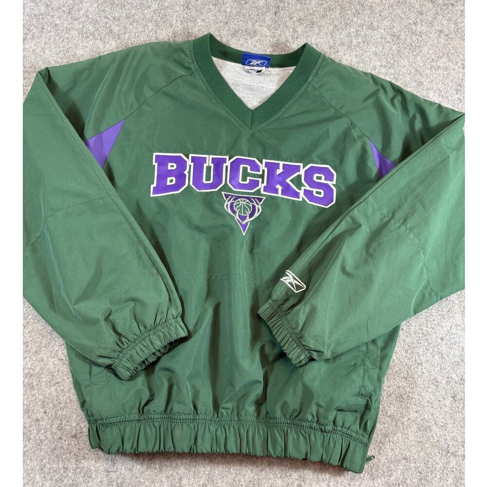 VINTAGE Reebok Milwaukee Bucks Jacket Youth Green Pullover NBA Sportswear Large